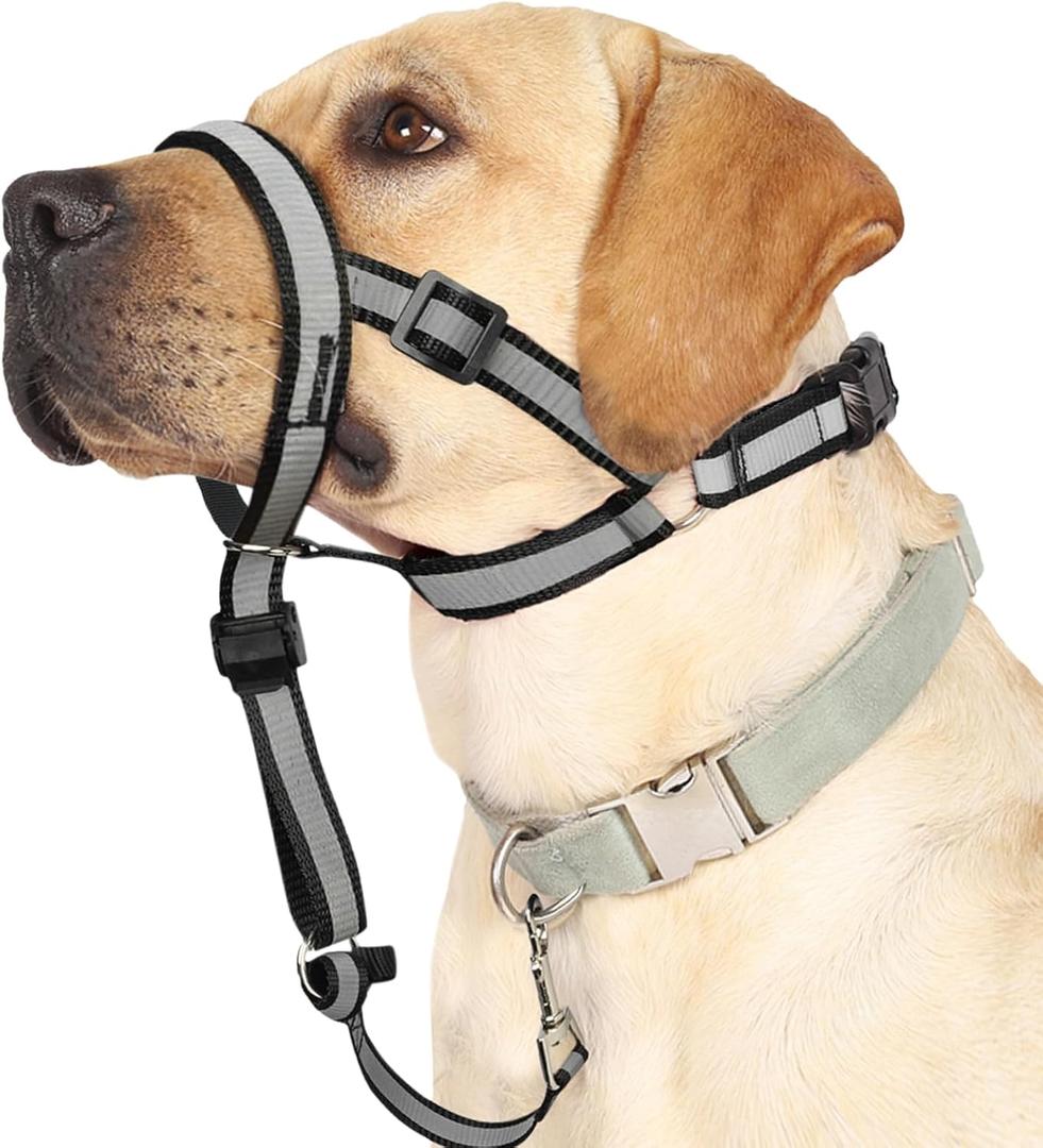 BARKLESS Reflective Head Collar, No Pull Collar for Large Dogs, Anti-Pull Muzzle Leash for Large Sized Breed, Adjustable Soft Dog Halter, Nose Leash for Easy Control on Walks (L (Snout Cir: 9"-14), Black)