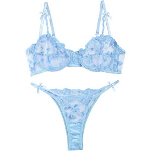 Lilosy Sexy Underwire Cute Push Up Strappy Embroidered Mesh Sheer Lingerie Set See Through Panty Bra (Large, Bow Light Blue)