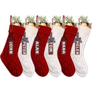 XIMISHOP 6pack Christmas Stockings, 18inch Large Personalized Cable Knitted Xmas Hanging Stocking Decorations with Name Tags for Holiday Christmas Party Family Decor (Red and White)