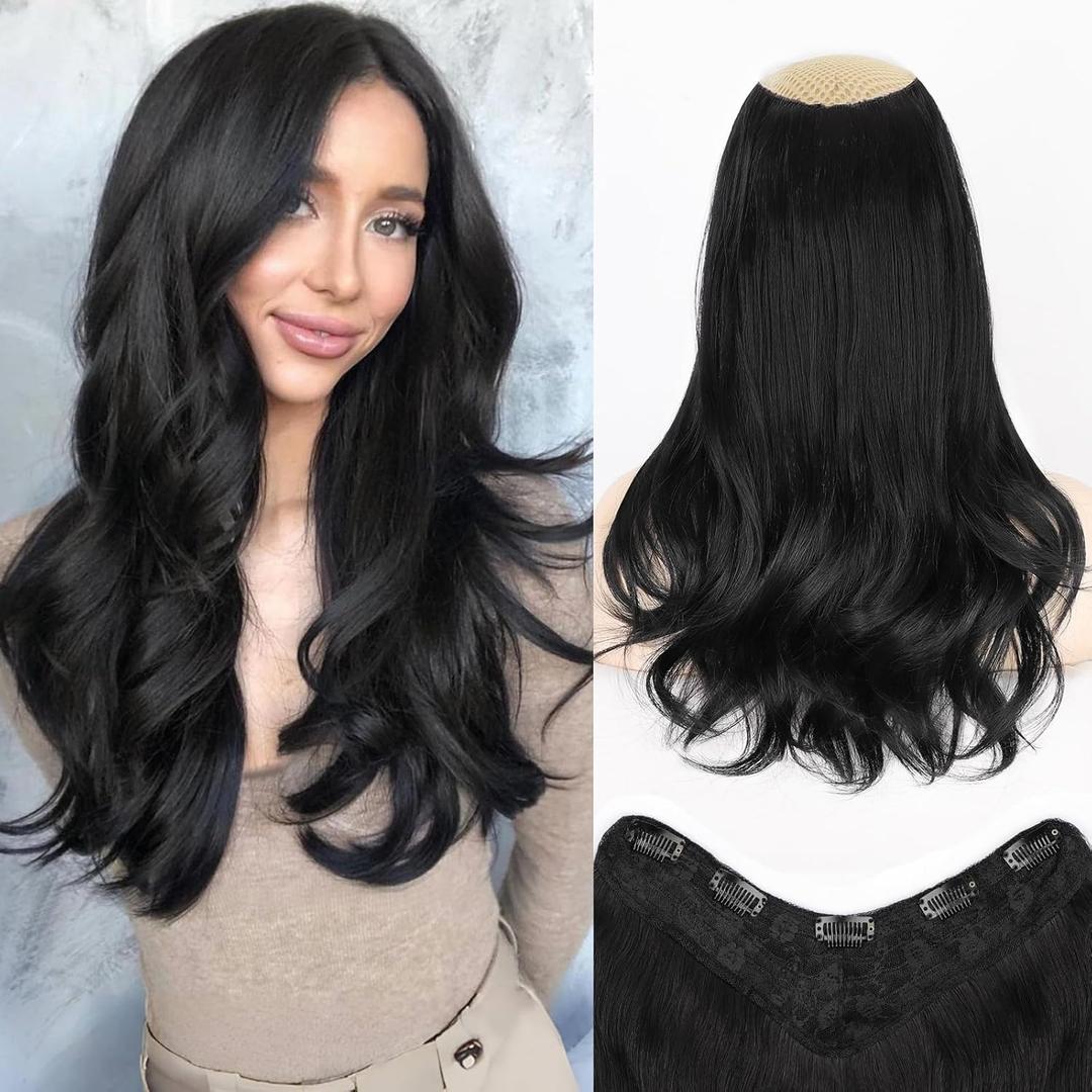 ALXNAN Long Wavy Layered Hair Extensions for Women, Clip in Hair Extensions Clip Ins Soft Full Head Synthetic Hairpieces 16 Inch Black
