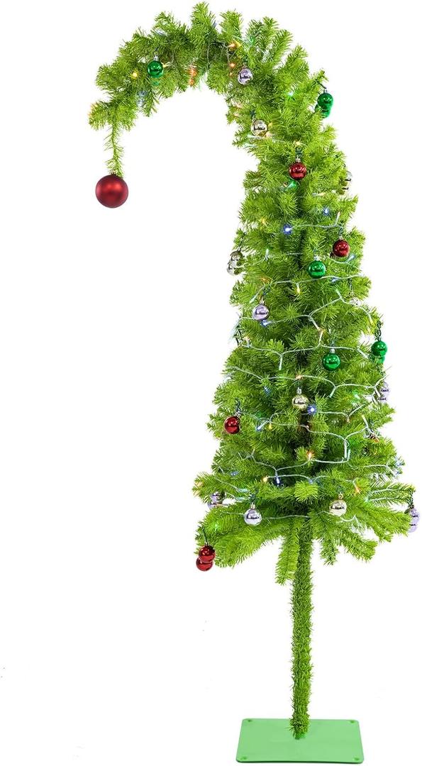 5Ft Christmas Tree, Curved Shape Bendable Artificial Xmas Tree with 50ft LED Lights & 24 Decorations Balls Xmas Holiday Decor Whimsical Design for Indoor Outdoor Home Office Street with Metal Base