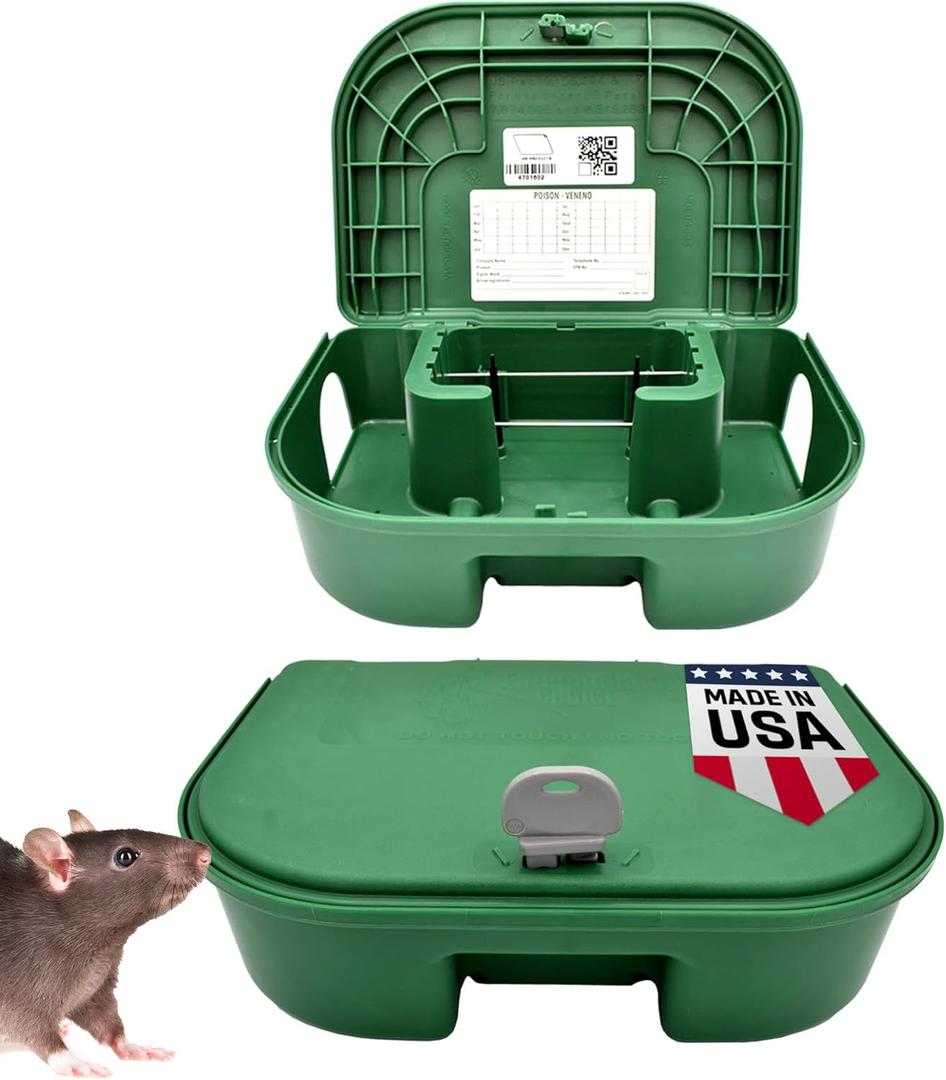 Exterminators Choice Large Rat Bait Station Box with 1 Key - Plastic, Green Heavy-Duty Weather-Resistant Outdoor Bait Station - Discreet Green Box with Lockable Holder