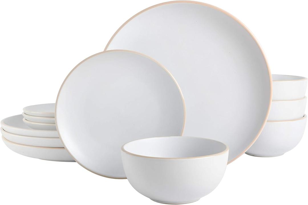 Gibson Home Rockaway 12-Piece Round Stoneware Dinnerware Set, Service for 4 White Plates and Bowls, Modern Matte Finish, Microwave & Dishwasher Safe