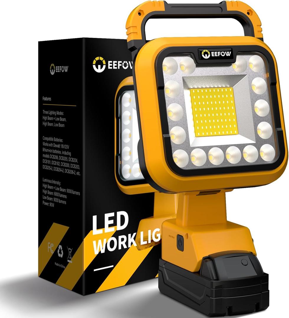 20V LED Work Light for Dewalt: 90W 9000LM 8" Portable Battery Powered Lights, 3 Modes Integrated Spotlight & Floodlight with USB & Type-C and Low Voltage Protection Ideal for Workshop (No Battery)