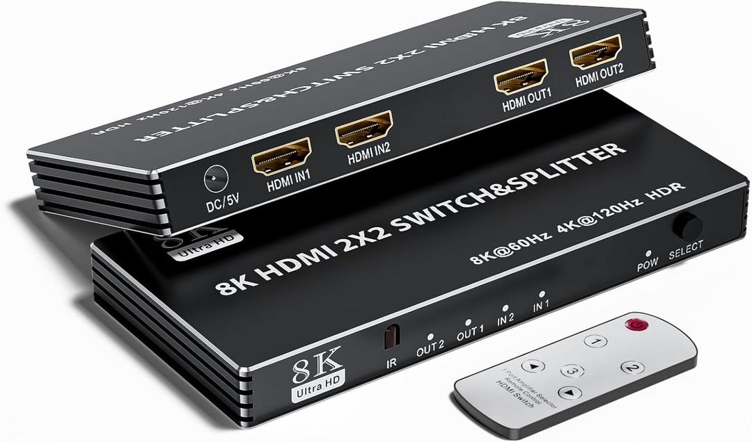 2x2 HDMI Switch Splitter, HDMI 2.1 Switcher 2 in 2 Out 8K@60Hz 4K@120Hz, w/IR Remote Control, Supports HDCP 2.3 HDR, HDR10, HDR 10+, 3D (8K@60 2x2)