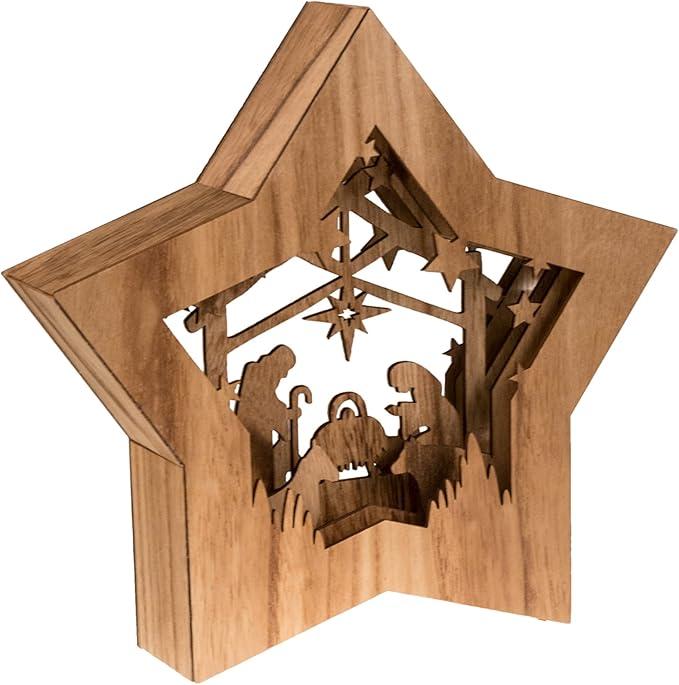 Clever Creations Wooden Star Shaped Nativity Scene Christmas Ornament, Festive LED Holiday Décor for Shelves and Tables, Brown