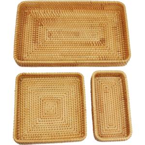 3Pcs Rattan Tray Set - Woven Basket Rectangle for Decoration, Storage, Serving Tray, Snack and Fruit Organizer