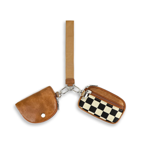 Checkered Dual Pouch Keychain Wallet for Women, Small Mini Zip Leather Coin Purse with Wrist Strap,wristlet hangbags, Brown