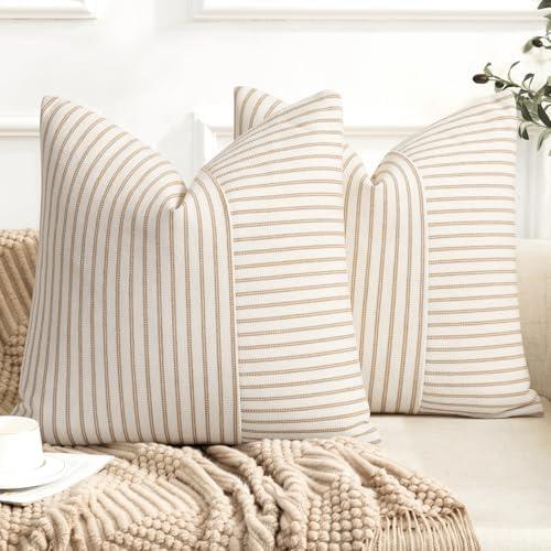 Farmhouse Pillow Covers 18x18, Modern Accent Square Throw Pillow Covers Set of 2, Khaki and Beige Striped Patchwork Linen Decorative Pillows Cushion Covers for Couch Chair Bedroom Fall Decorations