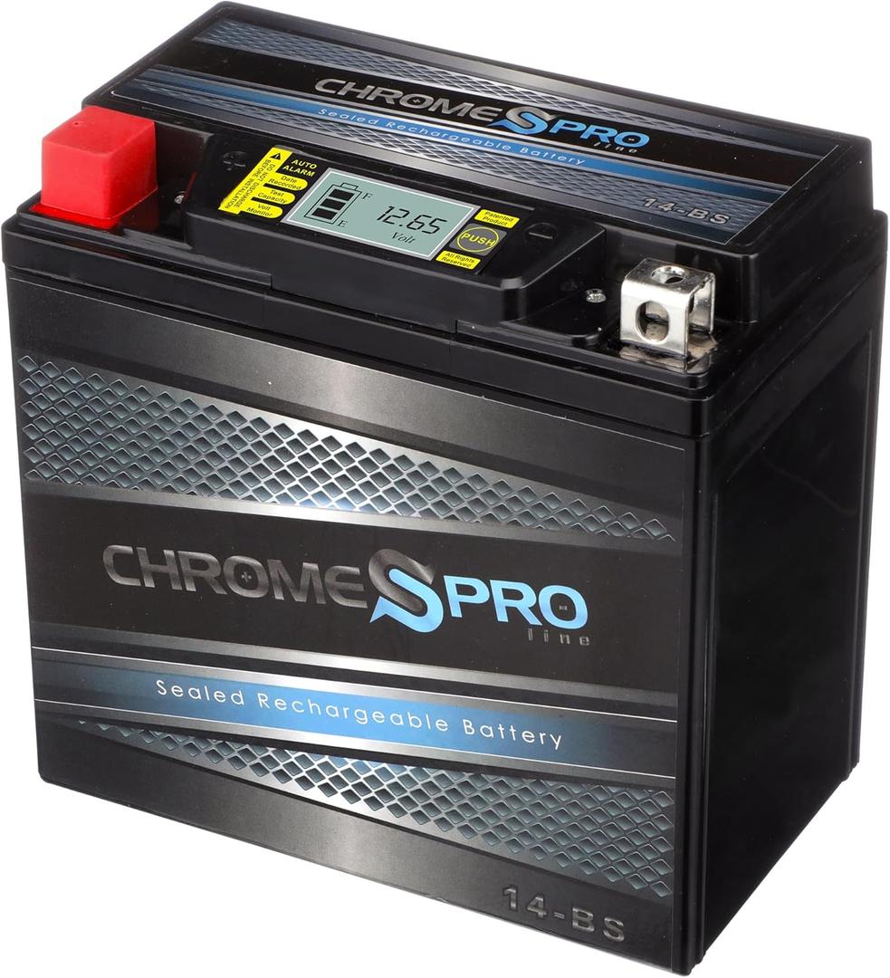 Chrome S Pro iGel YTX14-BS Maintenance-Free, 210CCA, LCD Voltage Display, 12V 16Ah Battery Replacement for ATV, Motorcycle, Jet Skis, Scooter, UTV, and More - Nut and Bolt (T3) Terminal