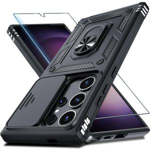 Janmitta Compatible with Samsung Galaxy S25 Ultra Case Built in Slide Camera Lens Cover+Screen Protector+Finger Ring Holder Kickstand,Heavy Duty Shockproof Full Body Phone Cover,2025 Black | Screen Protector, Finger Ring Holder, Kickstand, Heavy Duty, Shockproof