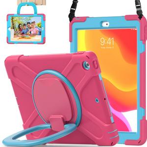 for iPad 10.2 Case 9th Generation 2021 / 8th Gen 2020 / 7th 2019,Shockproof Kids Case with Screen Protector,Rotating Stand/Pencil Holder/Shoulder Strap for iPad 10.2 Inch - Rose Blue