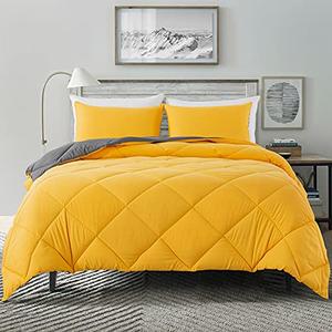 Decroom Lightweight Full Comforter Set with 2 Pillow Sham - 3 Pieces Set - Quilted Down Alternative Comforter/Duvet Insert for All Season - Yellow/Grey - Full Size