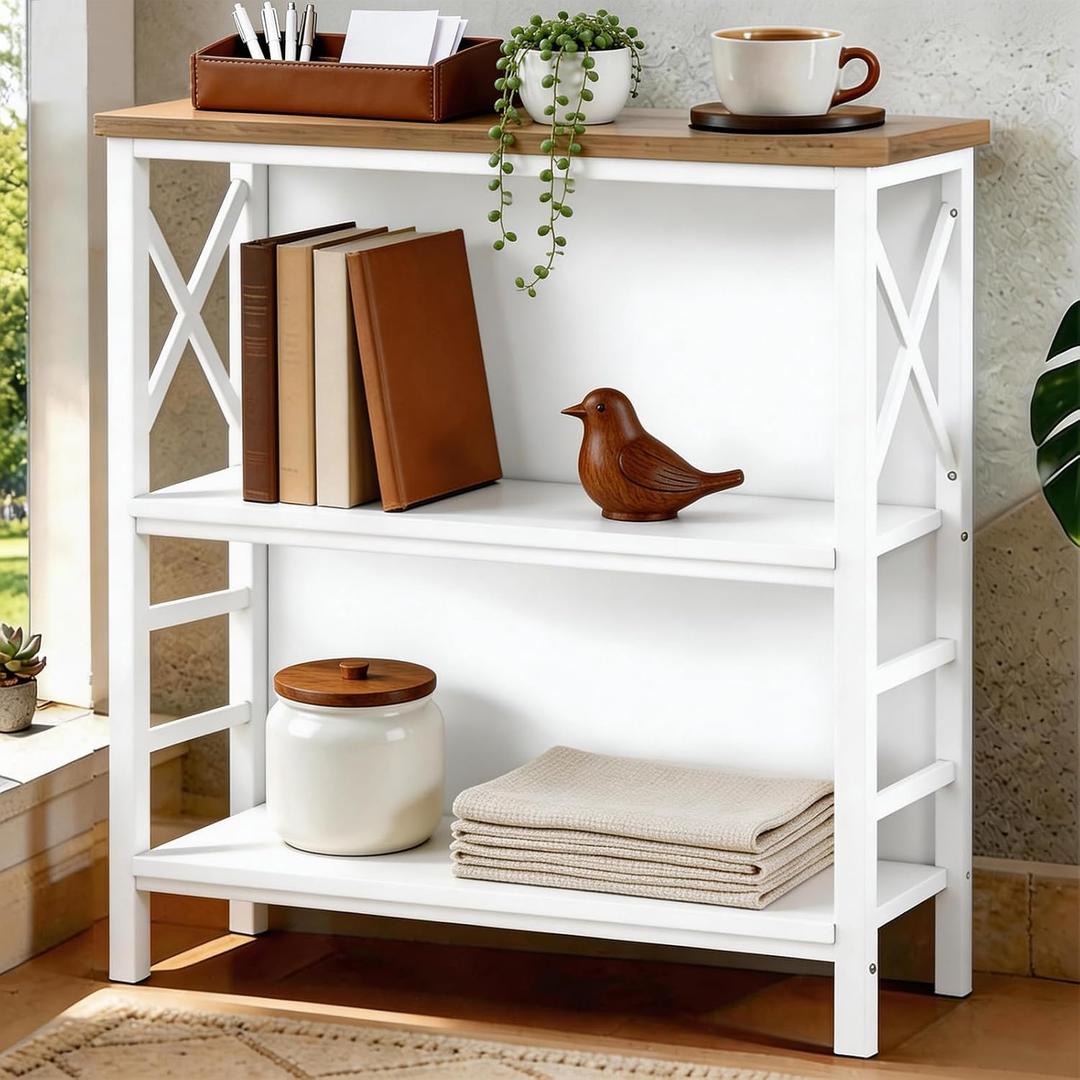 MNEETRUNG Book Shelf, Small 3-Tier Industrial Bookshelf with Strong Metal Frame & Backboard, 29.5" Short Bookcase for Small Spaces, Living Room, Bedroom and Home Office, White