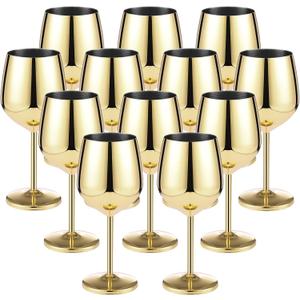 Gold Stem Stainless Steel Glasses 18oz Unbreakable Stemware Portable Shatterproof Metal Goblet Glasses Drinkware for Champagne Cocktails Banquet Wedding Party Camping (12 Pack)