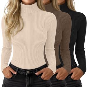 3 Pack Womens Ribbed Turtleneck Tops Long Sleeve Cotton Stretch Shirts Slim Fit Base Layer Undershirt Tees(Black, Mocha, Apricot,Medium)