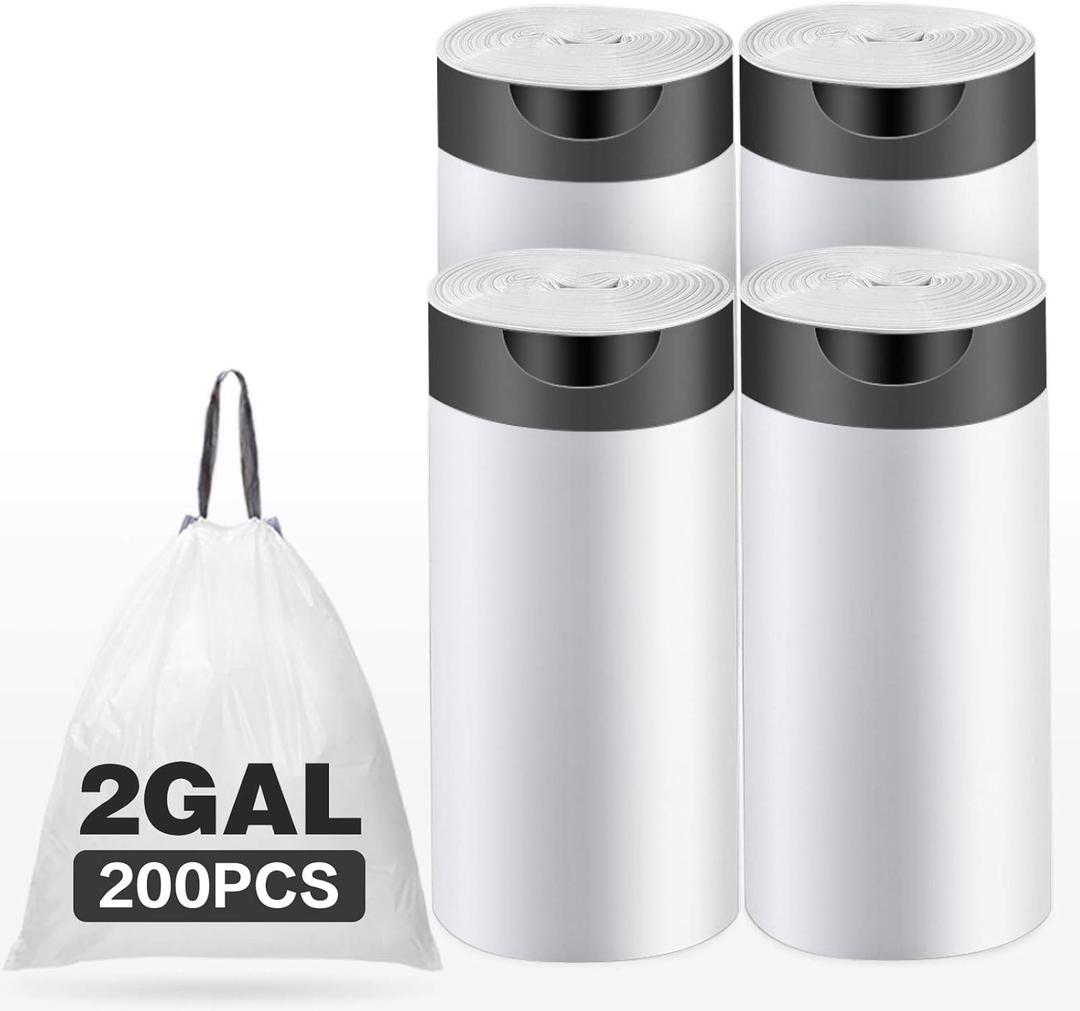2 Gallon Drawstring Trash Bags,Small Kitchen Garbage Bags Strong Small Trash Bag for Kitchen Bathroom Bedroom Office,200 Counts White
