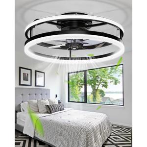 Modern Ceiling Fans with Lights and Remote, 19.7'' Fandelier Low Profile Ceiling Fans with Remote App, Flush Mount Ceiling Fan with 3000-6000K Dimmable 2 LED Light for Bedroom Kitchen Living Room