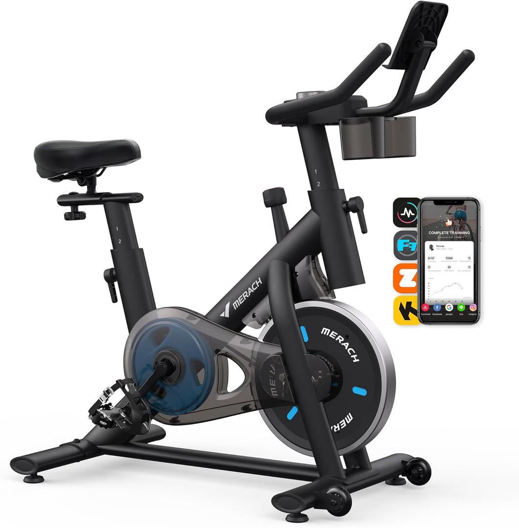 MERACH Exercise Bike, Brake Pad Stationary Bike with Exclusive App, Low Noise Indoor Cycling Bike with 300lbs Weight Capacity, Tablet Mount and Fitness Courses for Weight Loss (Friction-Black)