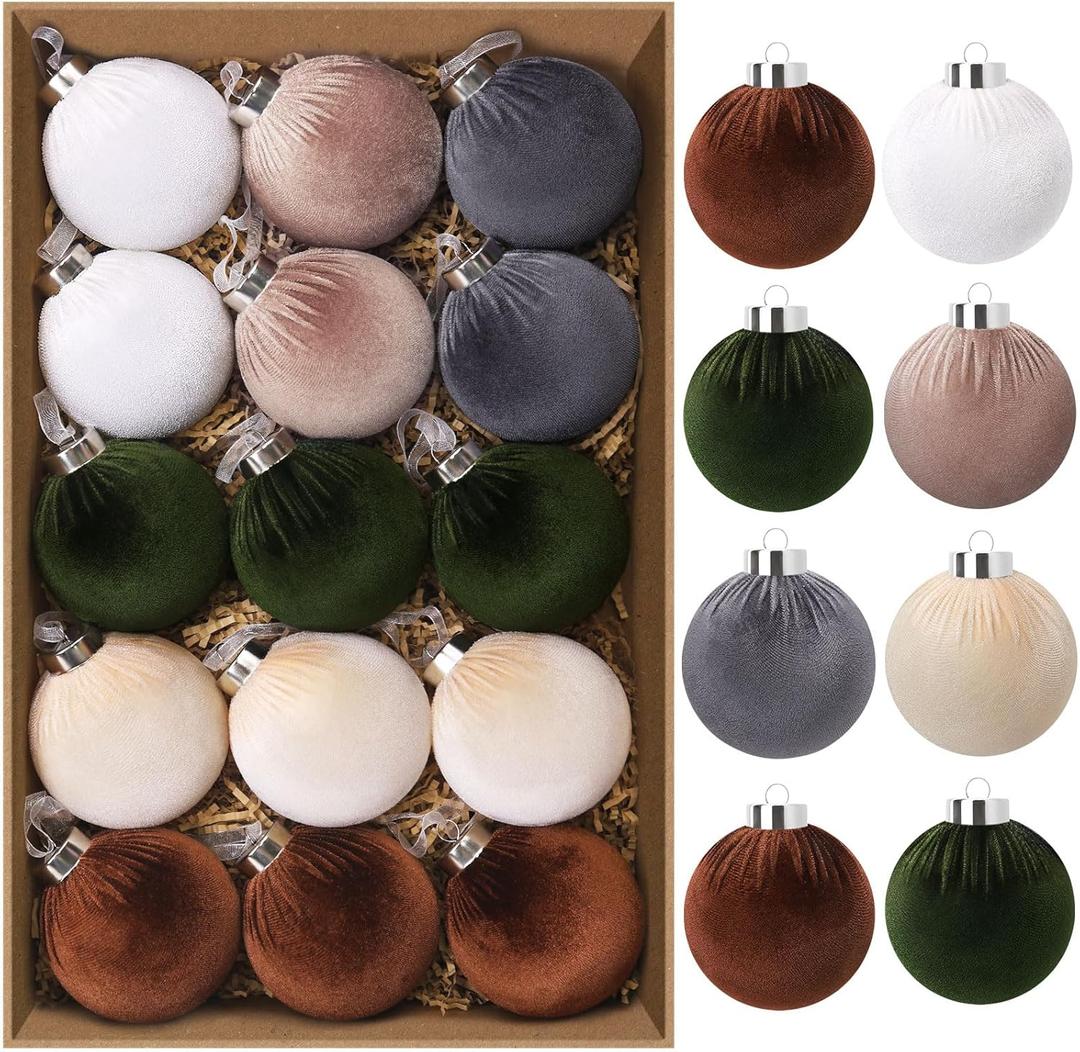 15 PCS Velvet Ornaments for Christmas Tree,3.15 in Large Velvet Christmas Tree Ornaments,6 Color Shatterproof Green Brown Neutral Flocked Ornament Balls Bulbs for Holiday Decorations