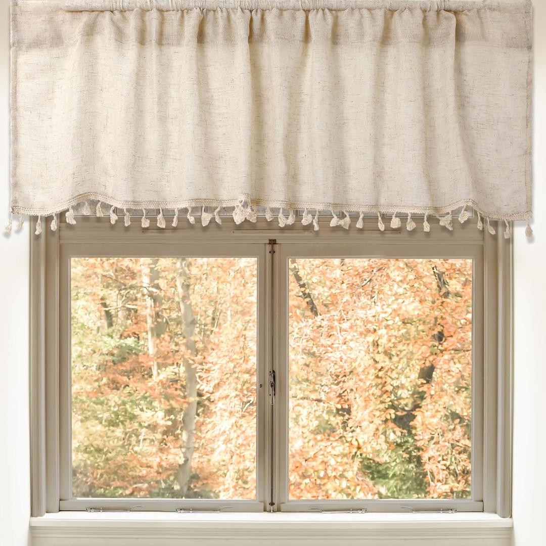 Moukeren 2 Pcs Boho Valances for Window Linen Valances Boho Tassel Bathroom Burlap Valance 55 x 15'' Farmhouse Rustic Valance Country Window Curtains Topper Window Treatment Bohemian Decor