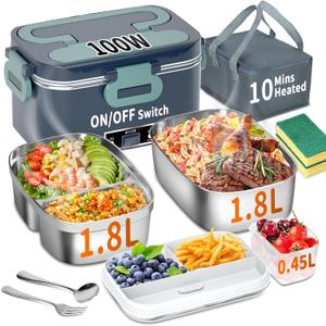 Electric Heated Lunch Box for Adults, 100W 3-IN-1 2 Pack 1.8L Containers Heating Lunch Box for Men Portable Double Layer, Fast Heated Food Warmer,12V/24V/110V for Car Truck Office Home (Blue)
