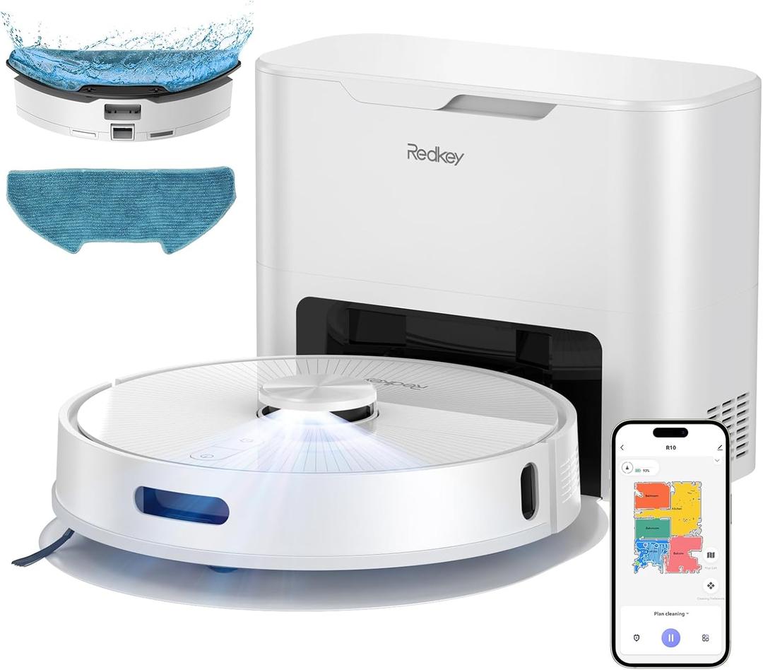Redkey R10 Robot Vacuum, 3-in-1 Vacuum Robot with Suction Station and Mop, LiDAR Navigation, Powerful 4000Pa Suction Power, 4L Dust Bag, 90 Days Hands-Free Cleaning, Ideal for Pet Hair Cleaning (White)