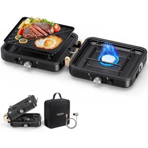 OGERY 2-Burner Foldable Camping Stove with Griddle (Textured & Smooth) and Carrying Bag, Portable Propane Camp Stove with 2 Adjustable Burners & Piezo Ignition, for Camping Tailgating Essentials Gear (Black)