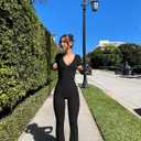 OQQ Women Jumpsuits Long Sleeve Deep V Neck Ruched Flared Jumpsuit (Small, Black)