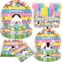 Happy Easter Plates and Napkins Serves 24 , Spring Easter Party Supplies Colorful Bunny Paper Plates and Napkins for Spring Birthday Easter Holiday Baby Shower Party Decorations