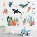 Yovkky Under The Sea Ocean Creature Wall Decals Stickers, Coastal Whale Shark Stingray Octopus Jellyfish Seahorse Baby Nursery Decor, Beach Coral Seaweed Home Decorations Kids Bedroom Playroom Art