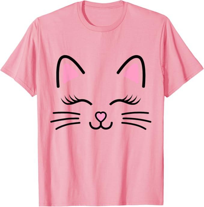 Women's Cat Face Whiskers Print Cosplay Kitty Love Halloween T-Shirt, S
