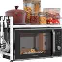 Extendable Microwave Oven Stand, Adjustable Microwave Rack Toaster Shelf, Heavy Duty Rack 2 Tier Kitchen Counter Top Organizer with 7 Hooks for Kitchen (White)