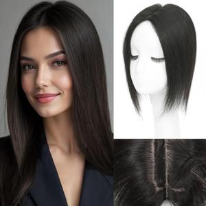 Rootoo Hair Toppers for Women Real Human Hair, 12 Inch Realistic Biological Scalp Topper Hair Pieces for Women with Thinning Hair, Clip in Curtain Bangs Big Base 360° Cover (Black)