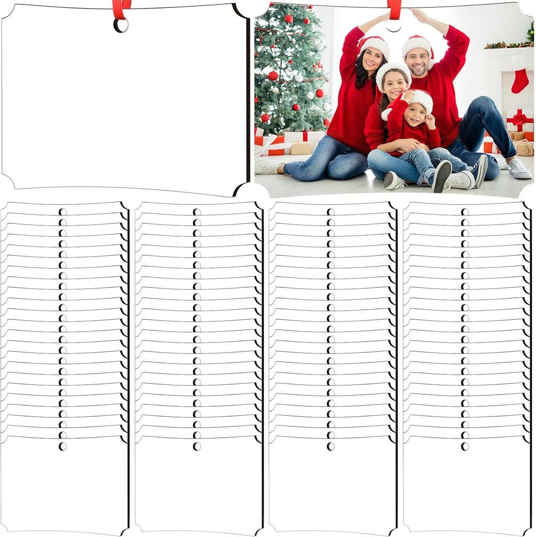 Zeyune 48 Pcs Christmas Sublimation Ornament Blanks 3.5"x2.48" Rectangle Double Sided Blanks Christmas Hanging Ornament Blank Personalized Sublimation Blank with Rope DIY for Xmas Tree Decoration