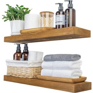 Wood Floating Shelves,24 inch Rustic Wood Wall Shelves for Bathroom Living Room Bedroom Kitchen Farmhouse Laundry Room Set of 2,Handmade-Thickened Wall Shelf,Oak Color (24''x5.7''x1.5'', Golden Oak)