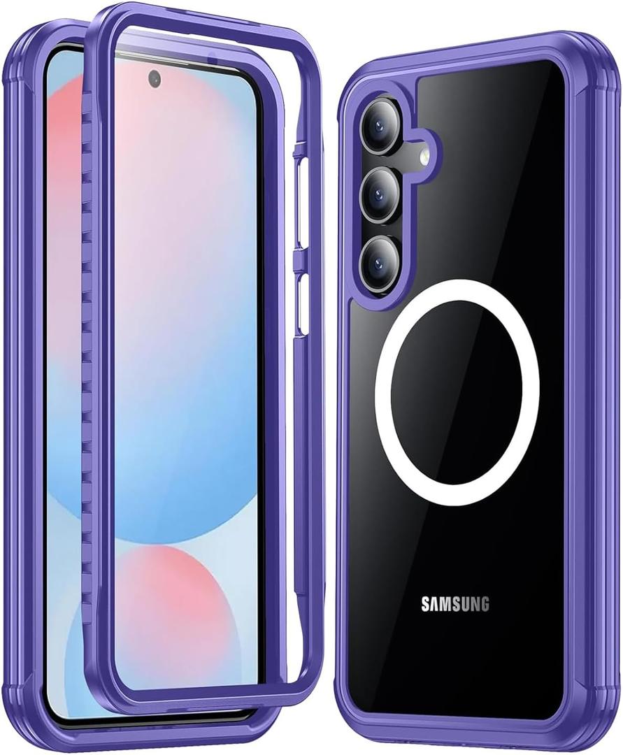 Miimall Strong Magnetic for S24 FE Case Full Body,[Built-in Screen Tempered Glass][Compatible with Magsafe][Military Shockproof Dropproof] Heavy Duty Cover Case for Samsung S24FE 6.7",Purple/Clear