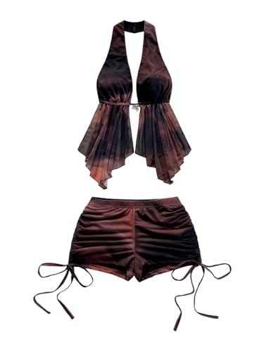 RoseSeek Women's 2 Piece Outfits Tie Dye Mesh Rave Going Out Clothes Backless Halter Tops Drawstring Short Set Brown Medium