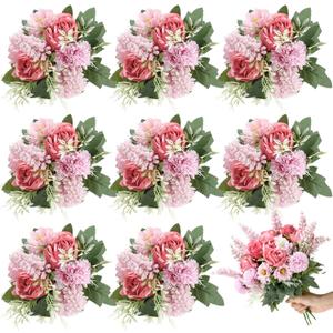 Zeyune 8 Pcs 13.4 Inch Artificial Flowers Bouquet Fake Silk Flowers Faux Bouquet Hydrangea Bouquets for Mother's Day Wedding Birthday Table Centerpieces Home Office Decoration(Bean Paste Pink,Rose)