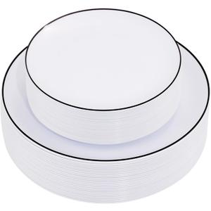 EI 100pcs White and Black Disposable Plates for Party,White Plastic Dinner Plates with Black Rim Disposable,Plastic Dessert Plate for Wedding,Family Party,Afternoon Tea Business New Year