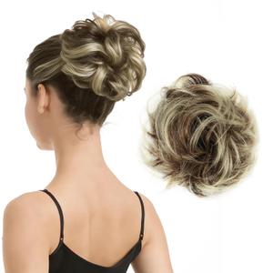 BARSDAR 100% Human Hair Bun Extension - Real Human Hair Highlight Messy Bun Scrunchie for Women - Elastic Wavy Small Updo Chignons Hairpieces Soft Natural Looking Daily, Medium Brown & Light Blonde