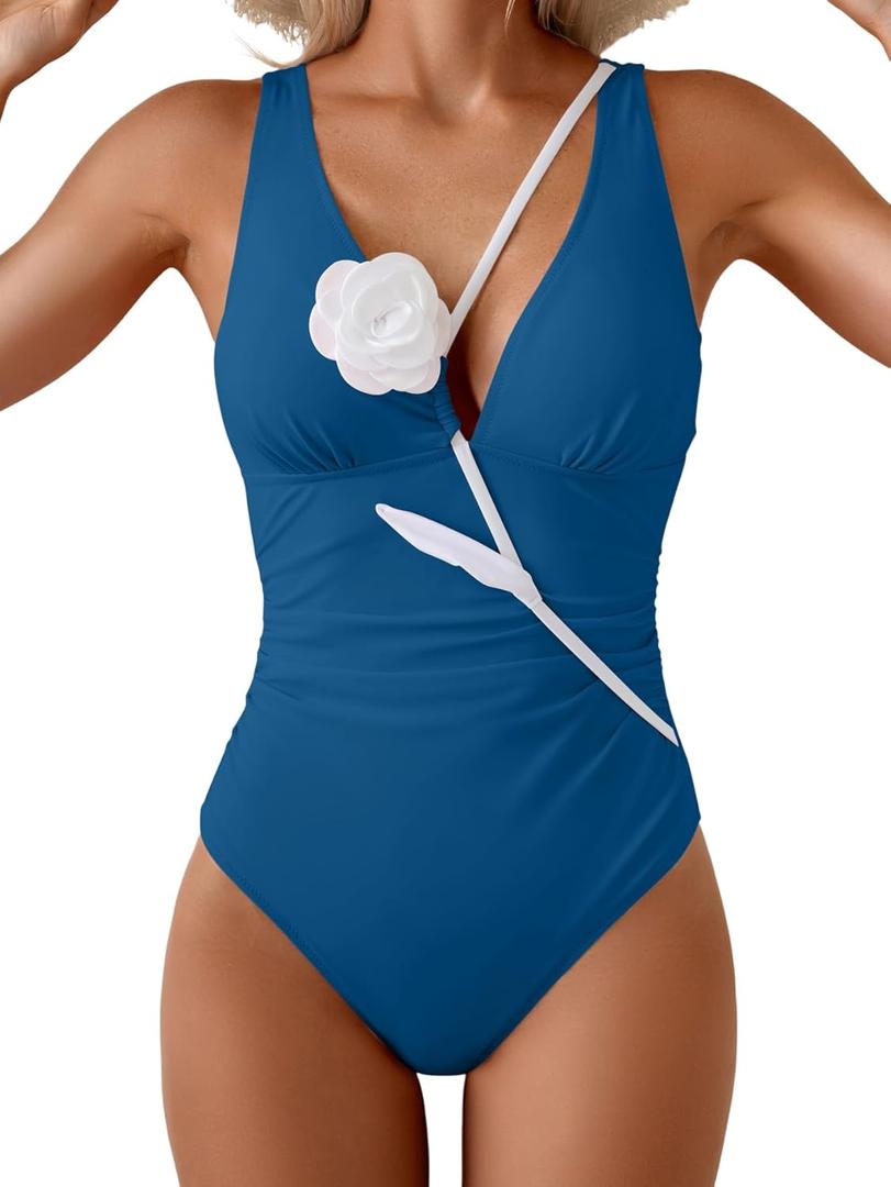 Eomenie Women's One Piece Swimsuit Slimming Tummy Control Bathing Suit Plunging V Neck Color Blocking 2025 Swimwear (Blue, XXL)