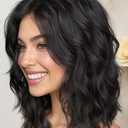 Short brown Shoulder Length Wavy Bob Wigs Human Hair with Pre Cut Lace Middle Part Heat Resistant for Women Daily Party (Black,14 Inch)