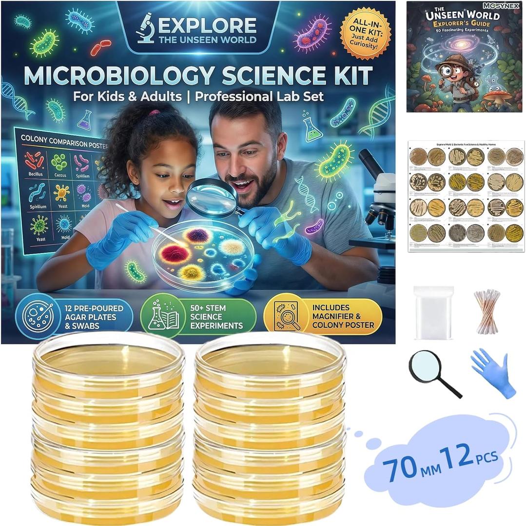 Microbiology Bacteria Science Kit, Petri Dishes with Agar for Kids & Adults - Lab Set with 12 Pre-Poured Agar Plates to Grow & Observe, 50 STEM Science Experiments & Colony Comparison Poster