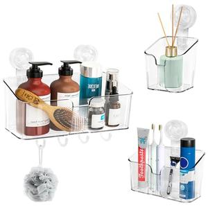 HYBRIDEAS Clear Shower Caddy Suction Cup Shelf Organizer with Hooks Removable Shower Basket Light Luxury Style Punch-Free Dorm Wall Storage Rack for Kitchen Bathroom Set of 3