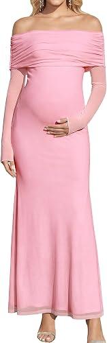 KUTUMAI Off Shoulder Strecth Maternity Dress Long Sleeve Floral Maxi Wedding Guest Pregnancy Baby Shower Photoshoot Dresses Pink S