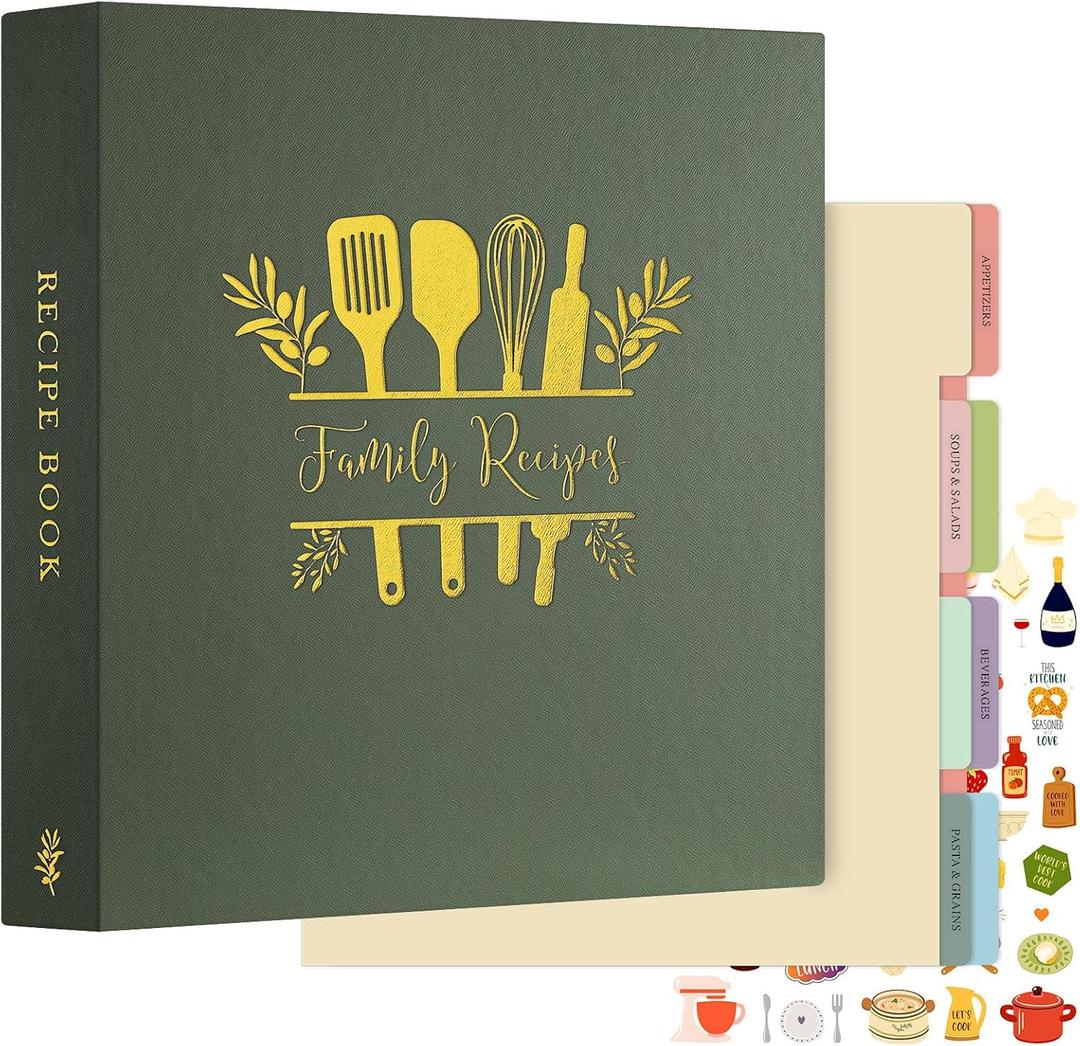 Lanpn Recipe Binder 8.5x11 3 Ring Kit, Waterproof Recipe Book to Write in Your Own Recipes, Blank Organizer Recipe Binder with 60 Plastic Sleeves,116 Recipes, Dividers,Labels & Stickers, Green