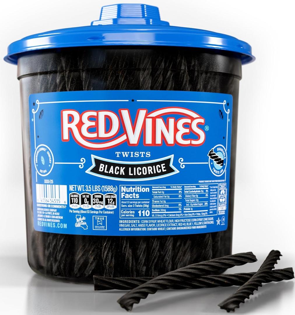 Red Vines Black Licorice Candy Black Licorice Soft Chewy Candy Twists 3.5 Lb Jar, Expiry: 10/18/26)