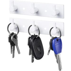 Stainless Steel Wall Key Holder Set of 2 - 3 Key Hooks Modern Hanger for Home, Kitchen, Entryway, Hallway, Office, Cabinet, Bathroom (White)