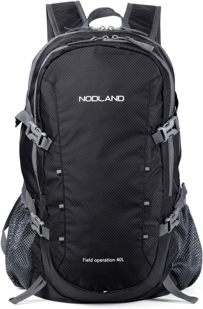 NODLAND Lightweight Backpack Travel 40L Foldable Water-Resistant Daypack, Hiking Outdoor Camping Rucksack for Men Women (Black)